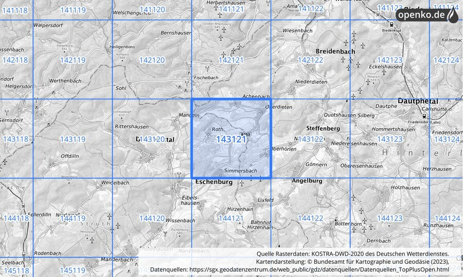 Übersichtskarte des KOSTRA-DWD-2020-Rasterfeldes Nr. 143121