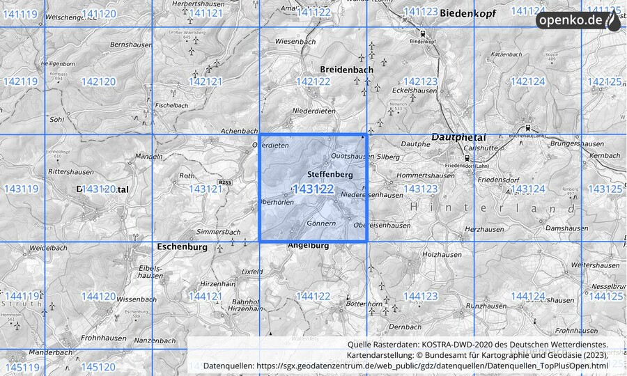 Übersichtskarte des KOSTRA-DWD-2020-Rasterfeldes Nr. 143122