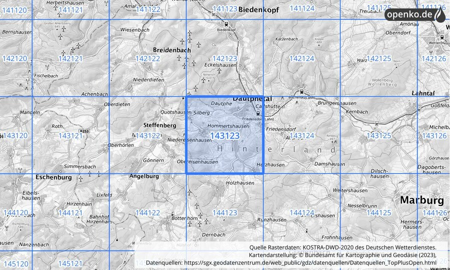 Übersichtskarte des KOSTRA-DWD-2020-Rasterfeldes Nr. 143123