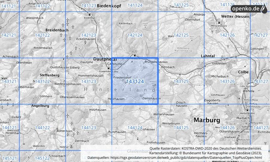 Übersichtskarte des KOSTRA-DWD-2020-Rasterfeldes Nr. 143124