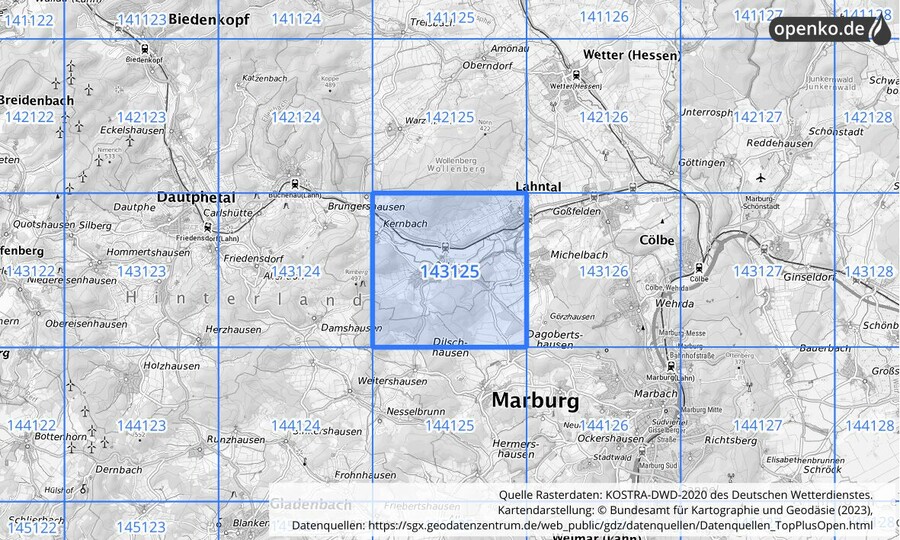 Übersichtskarte des KOSTRA-DWD-2020-Rasterfeldes Nr. 143125