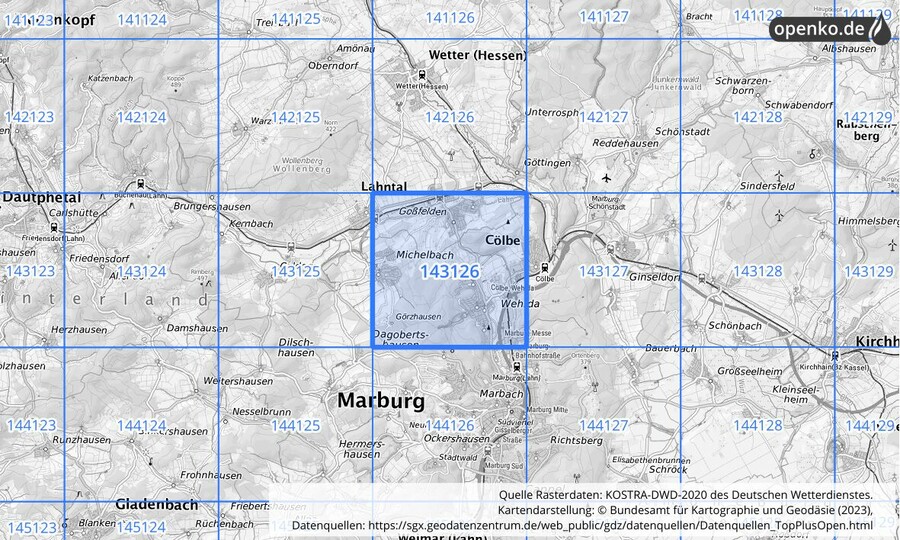 Übersichtskarte des KOSTRA-DWD-2020-Rasterfeldes Nr. 143126