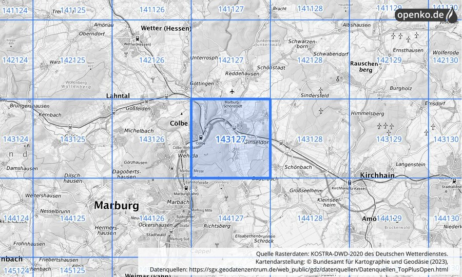 Übersichtskarte des KOSTRA-DWD-2020-Rasterfeldes Nr. 143127