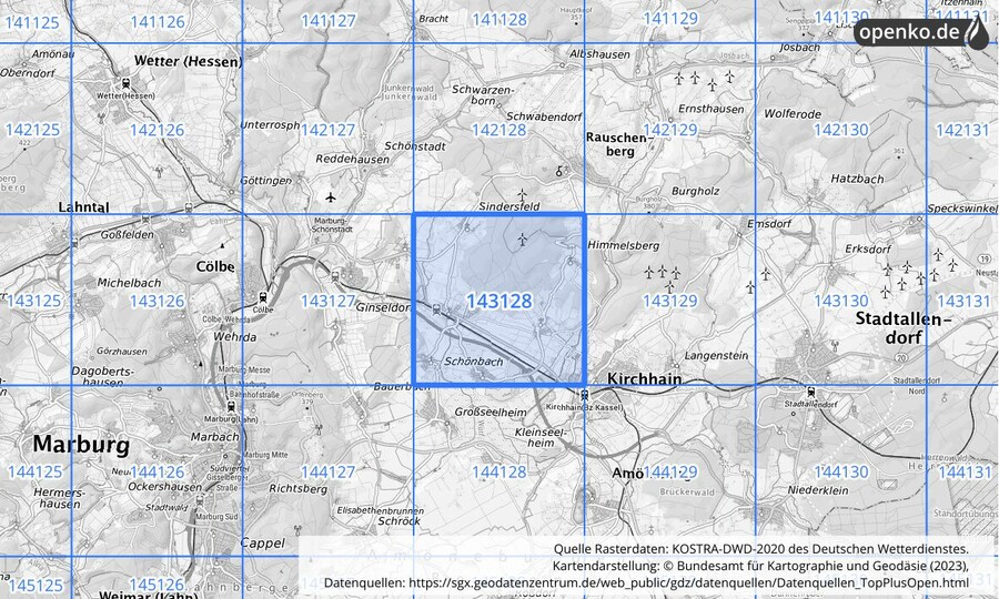Übersichtskarte des KOSTRA-DWD-2020-Rasterfeldes Nr. 143128