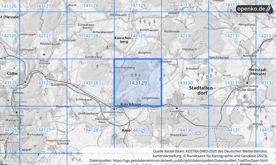 Übersichtskarte des KOSTRA-DWD-2020-Rasterfeldes Nr. 143129