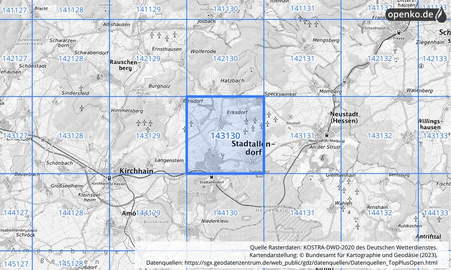 Übersichtskarte des KOSTRA-DWD-2020-Rasterfeldes Nr. 143130
