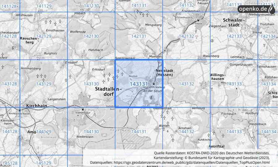Übersichtskarte des KOSTRA-DWD-2020-Rasterfeldes Nr. 143131