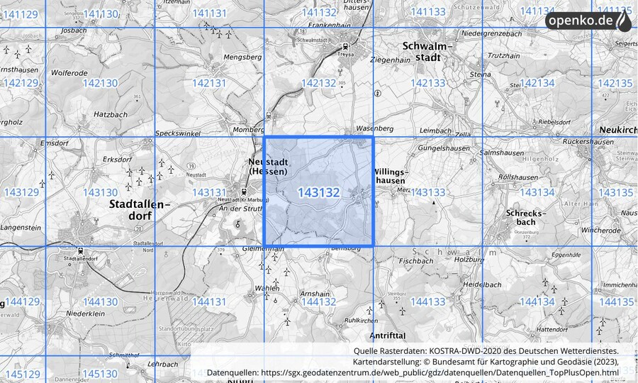 Übersichtskarte des KOSTRA-DWD-2020-Rasterfeldes Nr. 143132