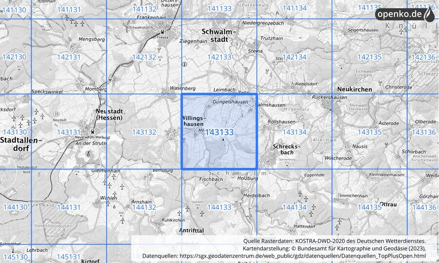Übersichtskarte des KOSTRA-DWD-2020-Rasterfeldes Nr. 143133
