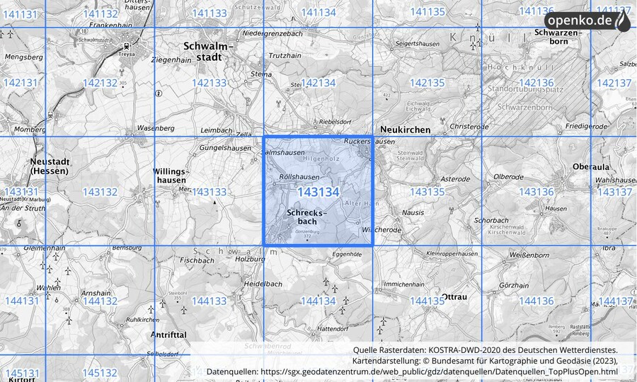 Übersichtskarte des KOSTRA-DWD-2020-Rasterfeldes Nr. 143134