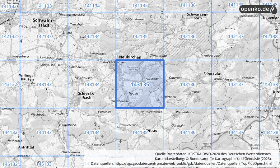 Übersichtskarte des KOSTRA-DWD-2020-Rasterfeldes Nr. 143135
