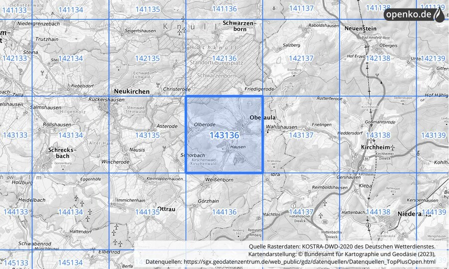 Übersichtskarte des KOSTRA-DWD-2020-Rasterfeldes Nr. 143136