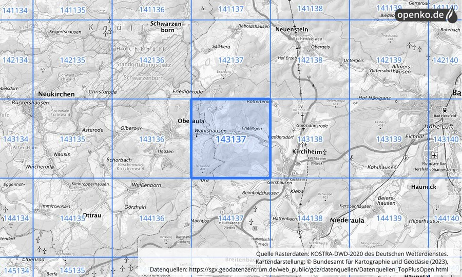 Übersichtskarte des KOSTRA-DWD-2020-Rasterfeldes Nr. 143137