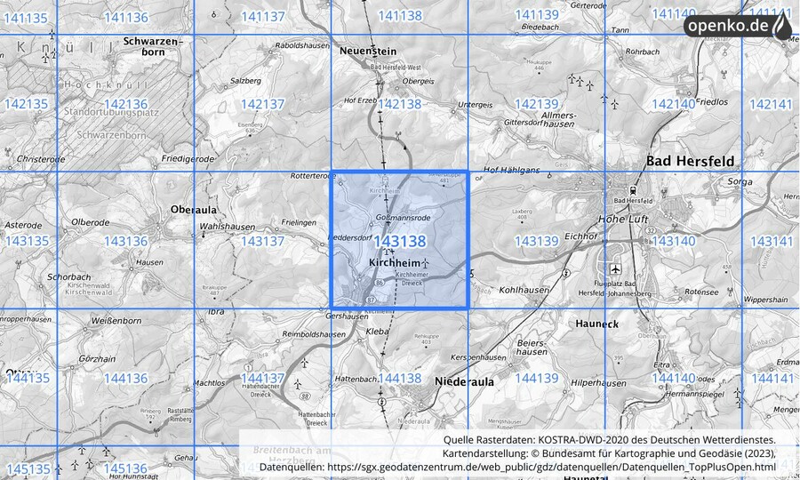 Übersichtskarte des KOSTRA-DWD-2020-Rasterfeldes Nr. 143138