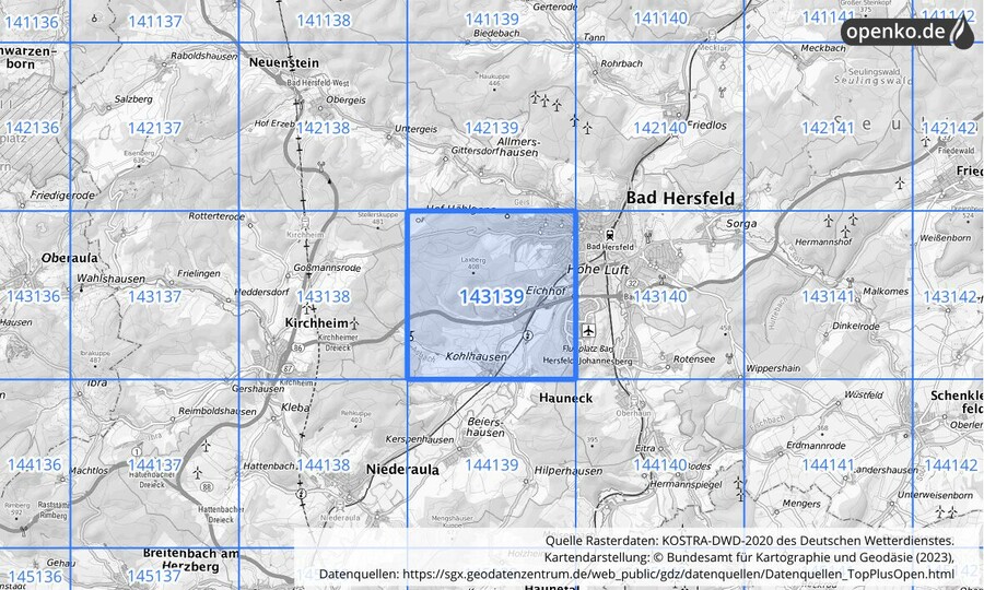 Übersichtskarte des KOSTRA-DWD-2020-Rasterfeldes Nr. 143139