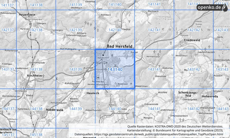 Übersichtskarte des KOSTRA-DWD-2020-Rasterfeldes Nr. 143140