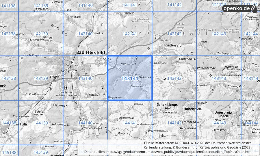 Übersichtskarte des KOSTRA-DWD-2020-Rasterfeldes Nr. 143141