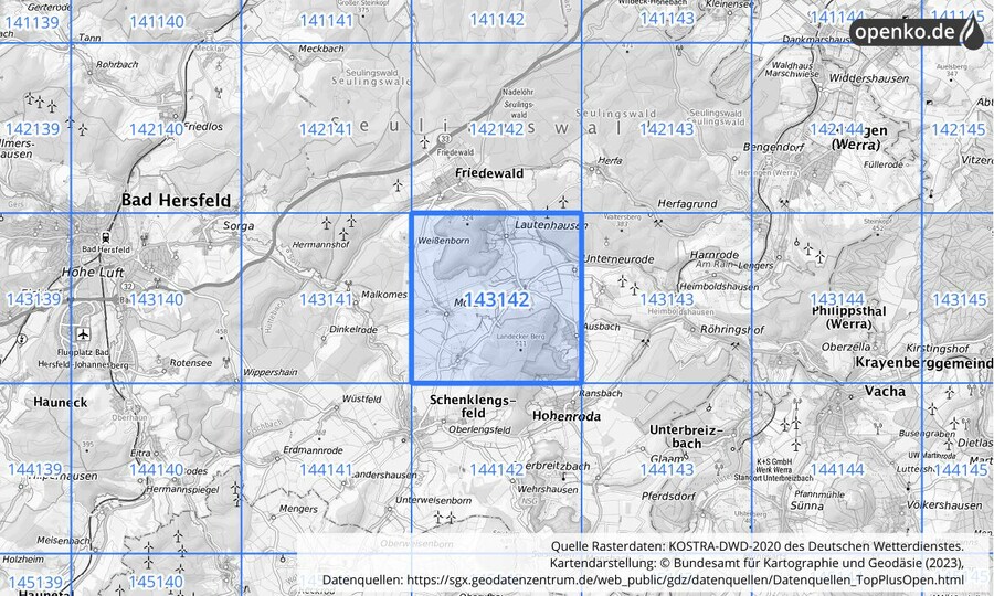 Übersichtskarte des KOSTRA-DWD-2020-Rasterfeldes Nr. 143142