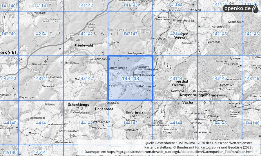Übersichtskarte des KOSTRA-DWD-2020-Rasterfeldes Nr. 143143