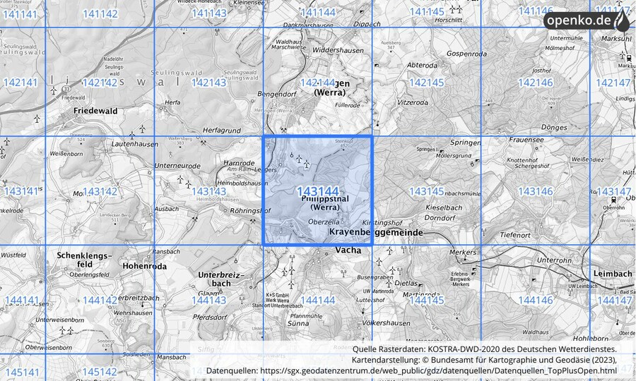 Übersichtskarte des KOSTRA-DWD-2020-Rasterfeldes Nr. 143144