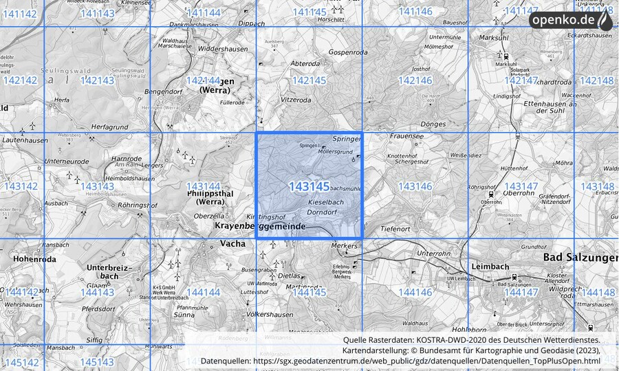 Übersichtskarte des KOSTRA-DWD-2020-Rasterfeldes Nr. 143145