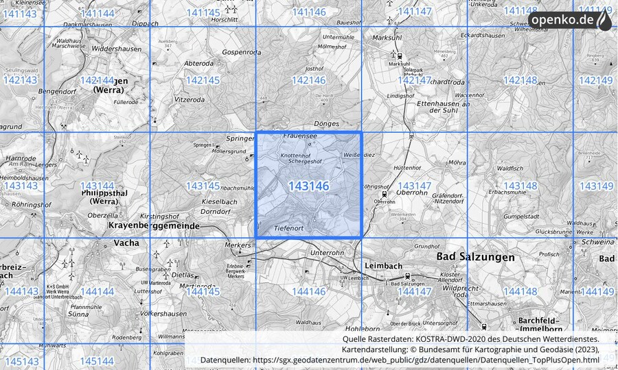 Übersichtskarte des KOSTRA-DWD-2020-Rasterfeldes Nr. 143146