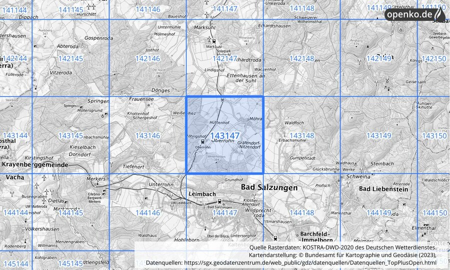 Übersichtskarte des KOSTRA-DWD-2020-Rasterfeldes Nr. 143147