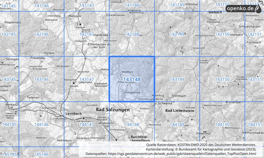 Übersichtskarte des KOSTRA-DWD-2020-Rasterfeldes Nr. 143148