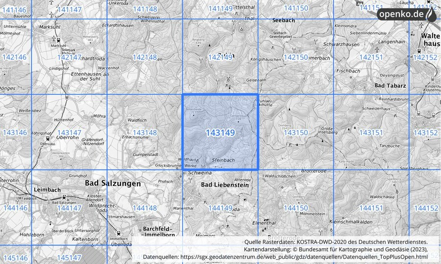 Übersichtskarte des KOSTRA-DWD-2020-Rasterfeldes Nr. 143149