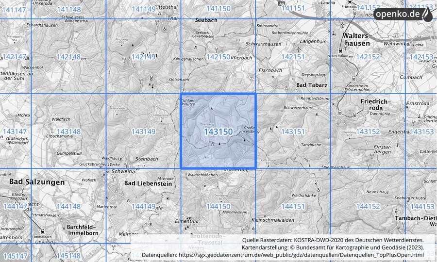 Übersichtskarte des KOSTRA-DWD-2020-Rasterfeldes Nr. 143150