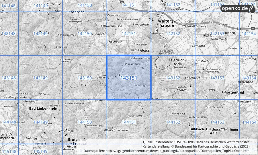 Übersichtskarte des KOSTRA-DWD-2020-Rasterfeldes Nr. 143151