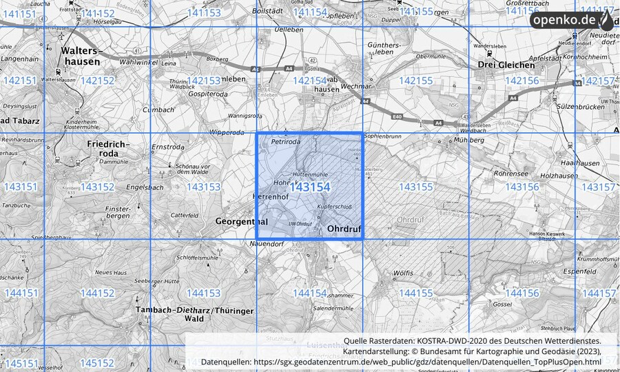 Übersichtskarte des KOSTRA-DWD-2020-Rasterfeldes Nr. 143154