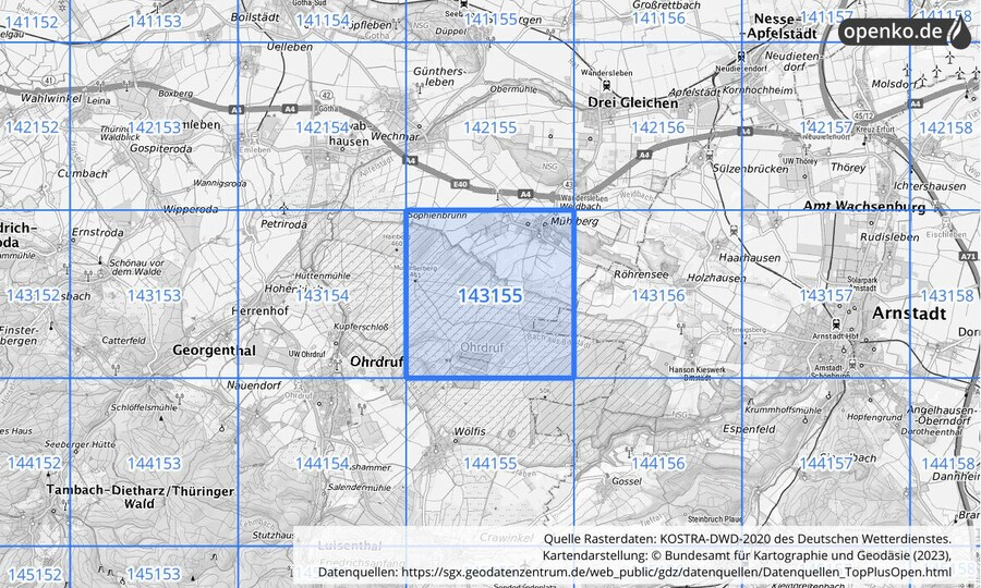 Übersichtskarte des KOSTRA-DWD-2020-Rasterfeldes Nr. 143155