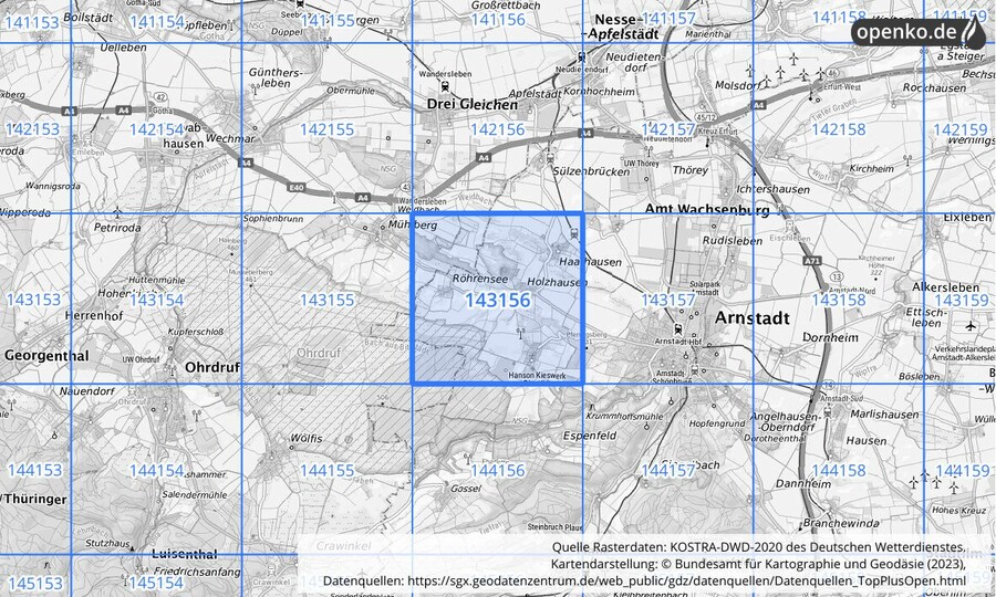 Übersichtskarte des KOSTRA-DWD-2020-Rasterfeldes Nr. 143156