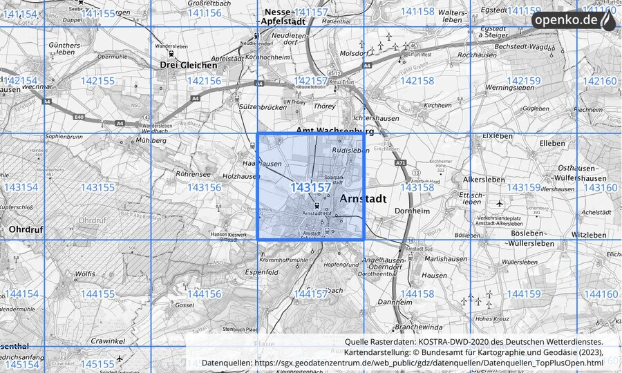 Übersichtskarte des KOSTRA-DWD-2020-Rasterfeldes Nr. 143157