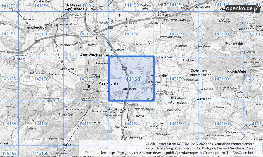 Übersichtskarte des KOSTRA-DWD-2020-Rasterfeldes Nr. 143158