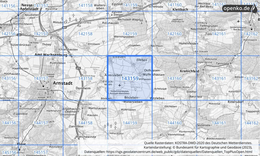 Übersichtskarte des KOSTRA-DWD-2020-Rasterfeldes Nr. 143159