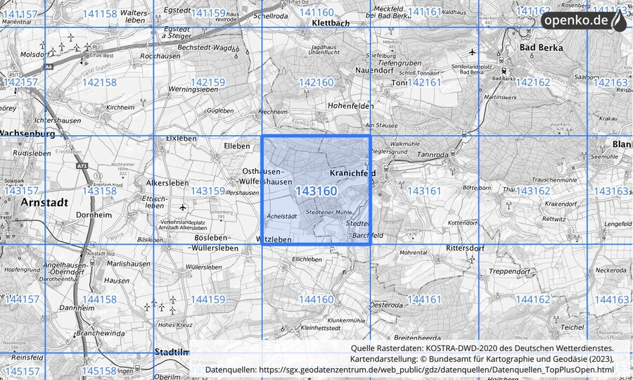 Übersichtskarte des KOSTRA-DWD-2020-Rasterfeldes Nr. 143160