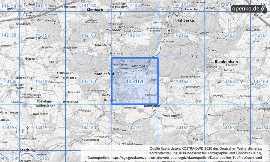 Übersichtskarte des KOSTRA-DWD-2020-Rasterfeldes Nr. 143161