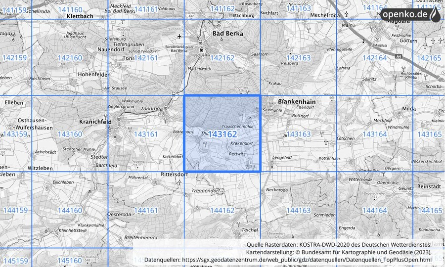 Übersichtskarte des KOSTRA-DWD-2020-Rasterfeldes Nr. 143162