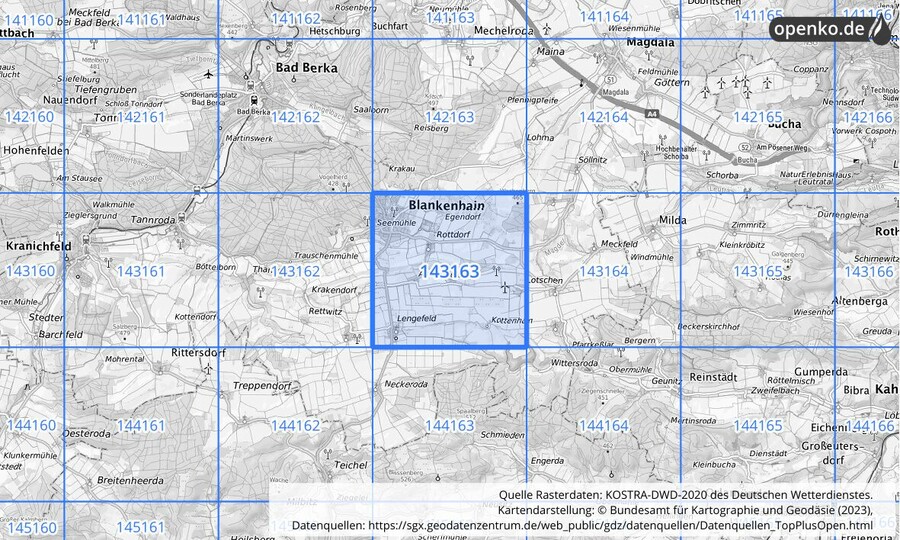 Übersichtskarte des KOSTRA-DWD-2020-Rasterfeldes Nr. 143163