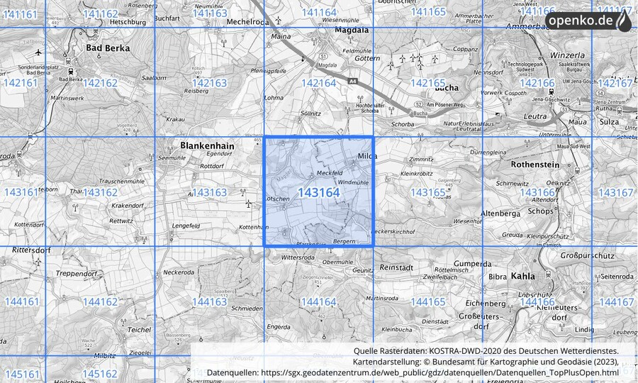 Übersichtskarte des KOSTRA-DWD-2020-Rasterfeldes Nr. 143164