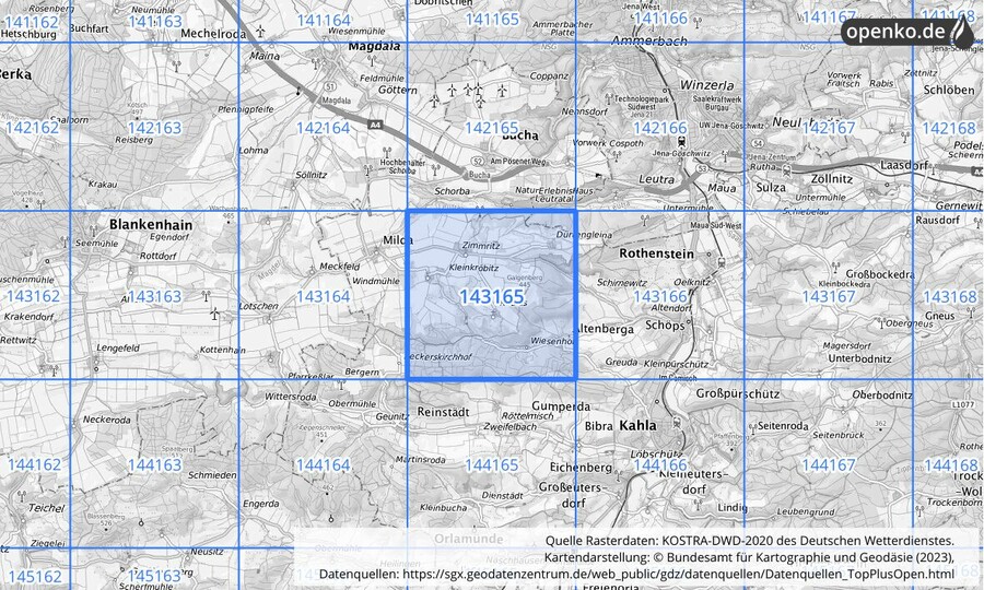Übersichtskarte des KOSTRA-DWD-2020-Rasterfeldes Nr. 143165