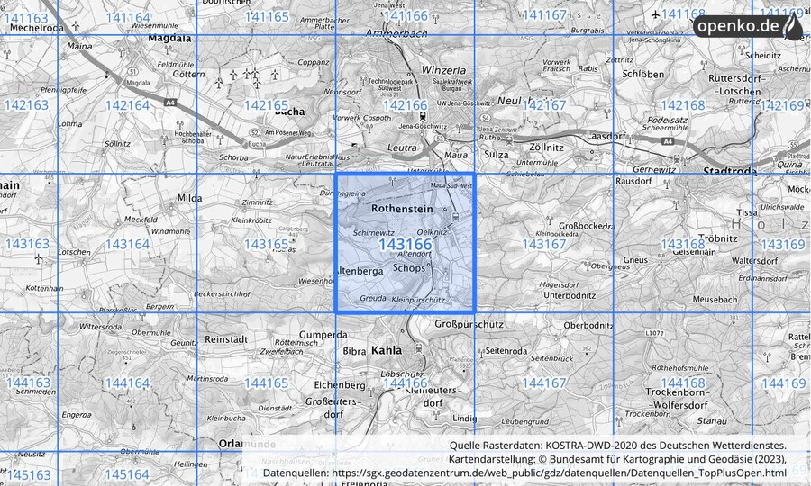 Übersichtskarte des KOSTRA-DWD-2020-Rasterfeldes Nr. 143166