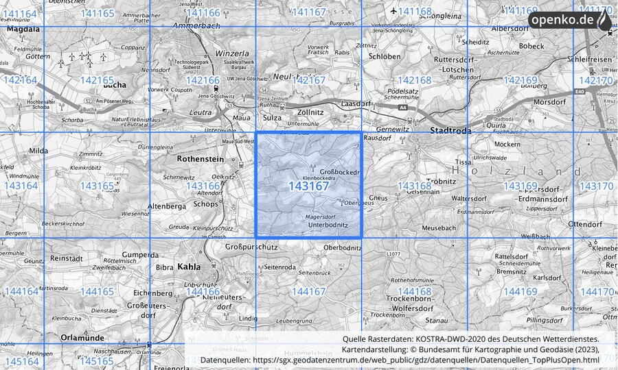 Übersichtskarte des KOSTRA-DWD-2020-Rasterfeldes Nr. 143167