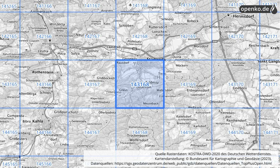 Übersichtskarte des KOSTRA-DWD-2020-Rasterfeldes Nr. 143168
