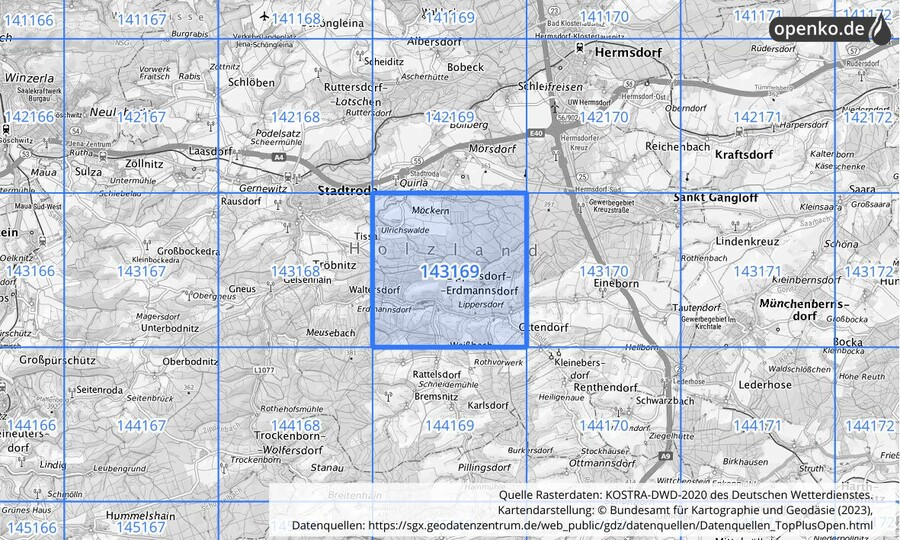 Übersichtskarte des KOSTRA-DWD-2020-Rasterfeldes Nr. 143169