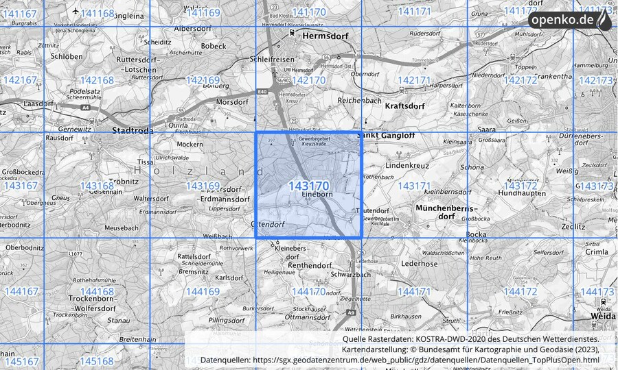 Übersichtskarte des KOSTRA-DWD-2020-Rasterfeldes Nr. 143170