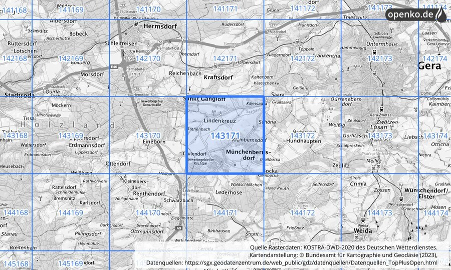 Übersichtskarte des KOSTRA-DWD-2020-Rasterfeldes Nr. 143171