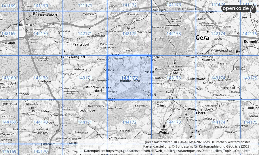 Übersichtskarte des KOSTRA-DWD-2020-Rasterfeldes Nr. 143172